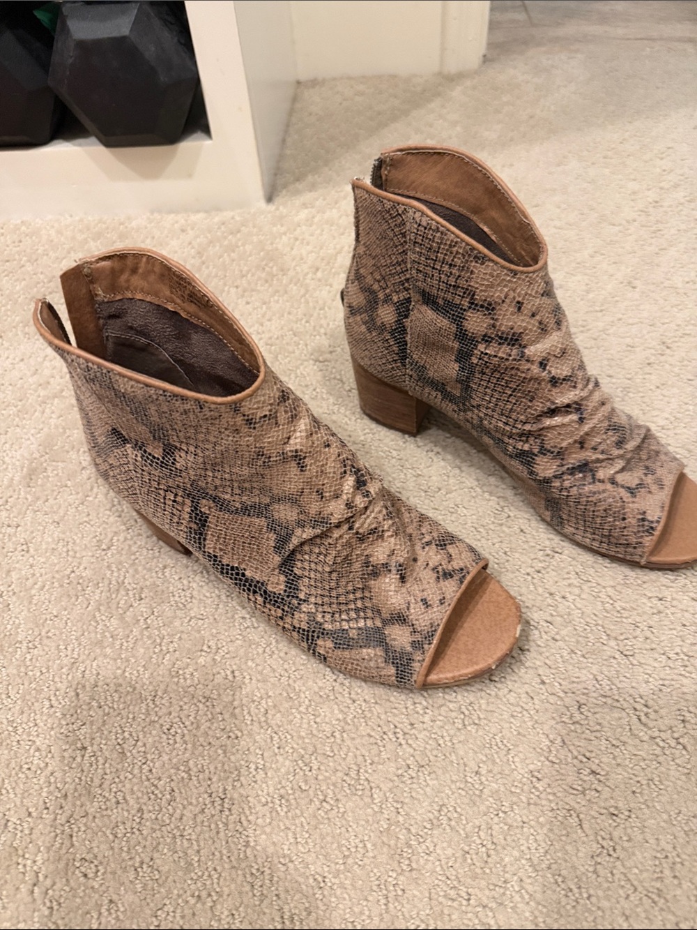 gimmicks by BKE Tan Snake-Print Open-Toe Block Heel Booties